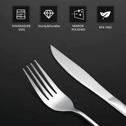SANTUO 12 Pcs Silverware Set with 6 Steak Knives and 6 Dinner Forks,Flatware Set with Top Food Grade Stainless Steel,Tableware Cutlery Set For Home Restaurant Hotel, Mirror Finish, Dishwasher Safe