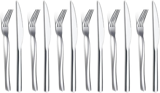 Steak Knives Set 12 Piece, Premium Stainless Steel 6 Dinner Forks and 6 Dinner Knives Set, Steak Knives Steak Forks for 6 Person, Mirror Polish, Dishwasher Safe (Shiny Silver)