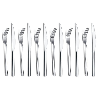 Steak Knives Set 12 Piece, Premium Stainless Steel 6 Dinner Forks and 6 Dinner Knives Set, Steak Knives Steak Forks for 6 Person, Mirror Polish, Dishwasher Safe (Shiny Silver)