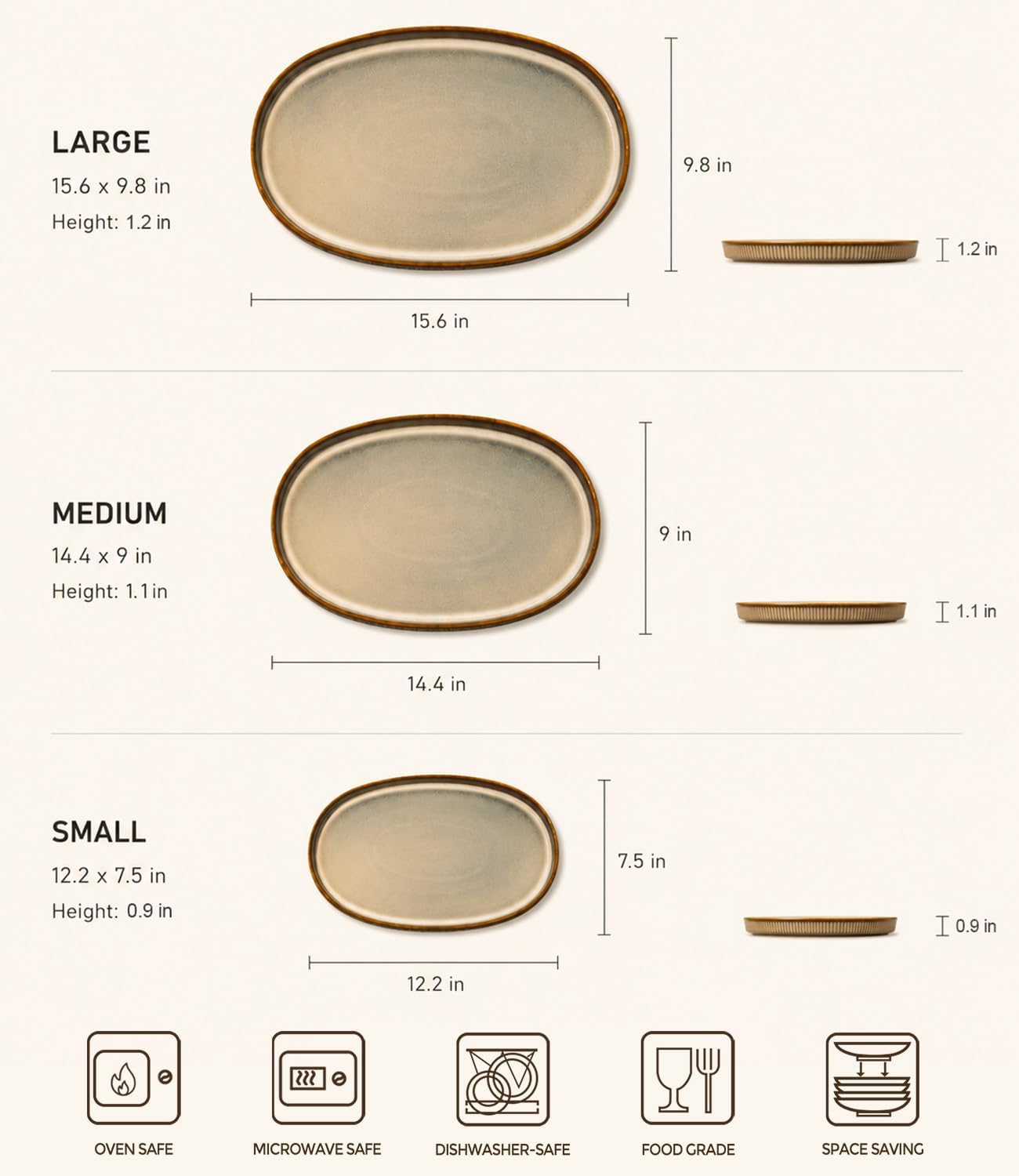 Ceramic Serving Platter Set of 3, Oval Serving Plates and Dishes | 15.6"/14.4"/12.2", Oven & Microwave & Dishwasher Safe, Perfect for Turkey, Parties, Entertaining & Weddings, Cocoa Mocha