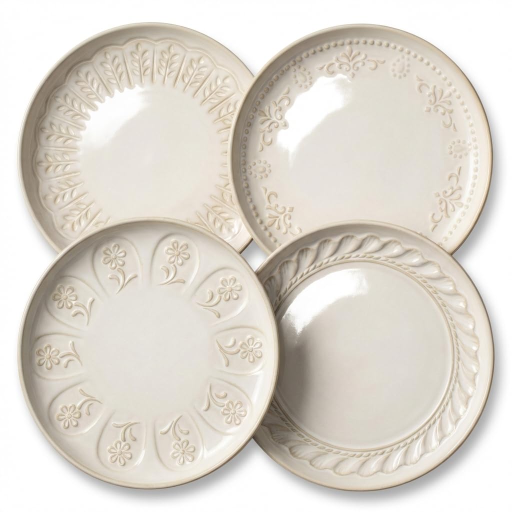 Large Ceramic Dinner Plates Set Of 4, 10.75 Inch Embossed Kitchen Salad Plates, Modern Serving Plates For Restaurant, Plates With Lipped Edges, Microwave Dishwasher Safe (Multiple Patterns)