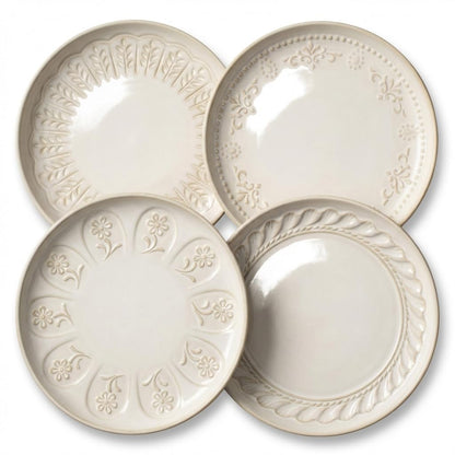 Large Ceramic Dinner Plates Set Of 4, 10.75 Inch Embossed Kitchen Salad Plates, Modern Serving Plates For Restaurant, Plates With Lipped Edges, Microwave Dishwasher Safe (Multiple Patterns)