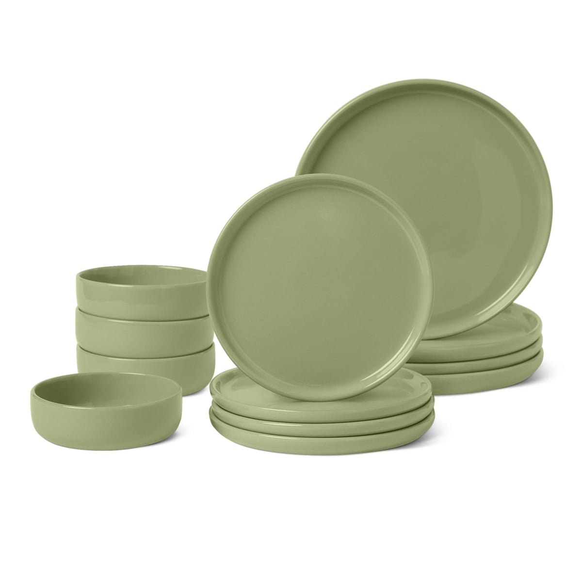 Amazon Basics Glazed Stoneware Dinner Plates, Ceramic 4-Piece Set, Microwave, Dishwasher and Freezer-Safe, 10.5 in., Olive