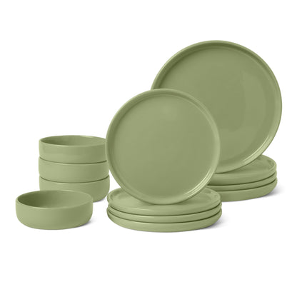 Amazon Basics Glazed Stoneware Dinner Plates, Ceramic 4-Piece Set, Microwave, Dishwasher and Freezer-Safe, 10.5 in., Olive