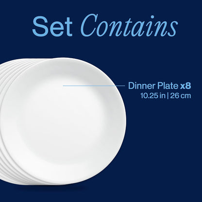 Corelle Vitrelle 8-Piece Dinner Plates Set Triple Layer Glass and Chip Resistant, Lightweight Round Plates, Winter Frost White