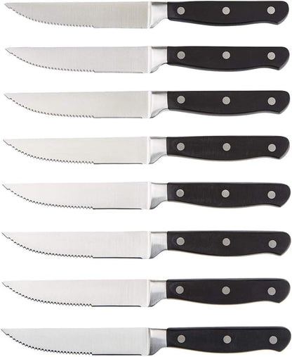 Amazon Basics 8-Piece Full Tang Stainless Steel Serrated Steak Knife Set, 4.5", Black