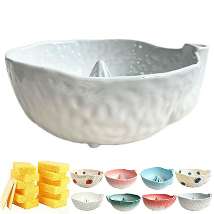Self Spinning Ceramic Berry Washing Bowl with Drain Holes, 7'' Kitchen Fruit Washer Spinner Bowl with 10pcs Sponges，Blue