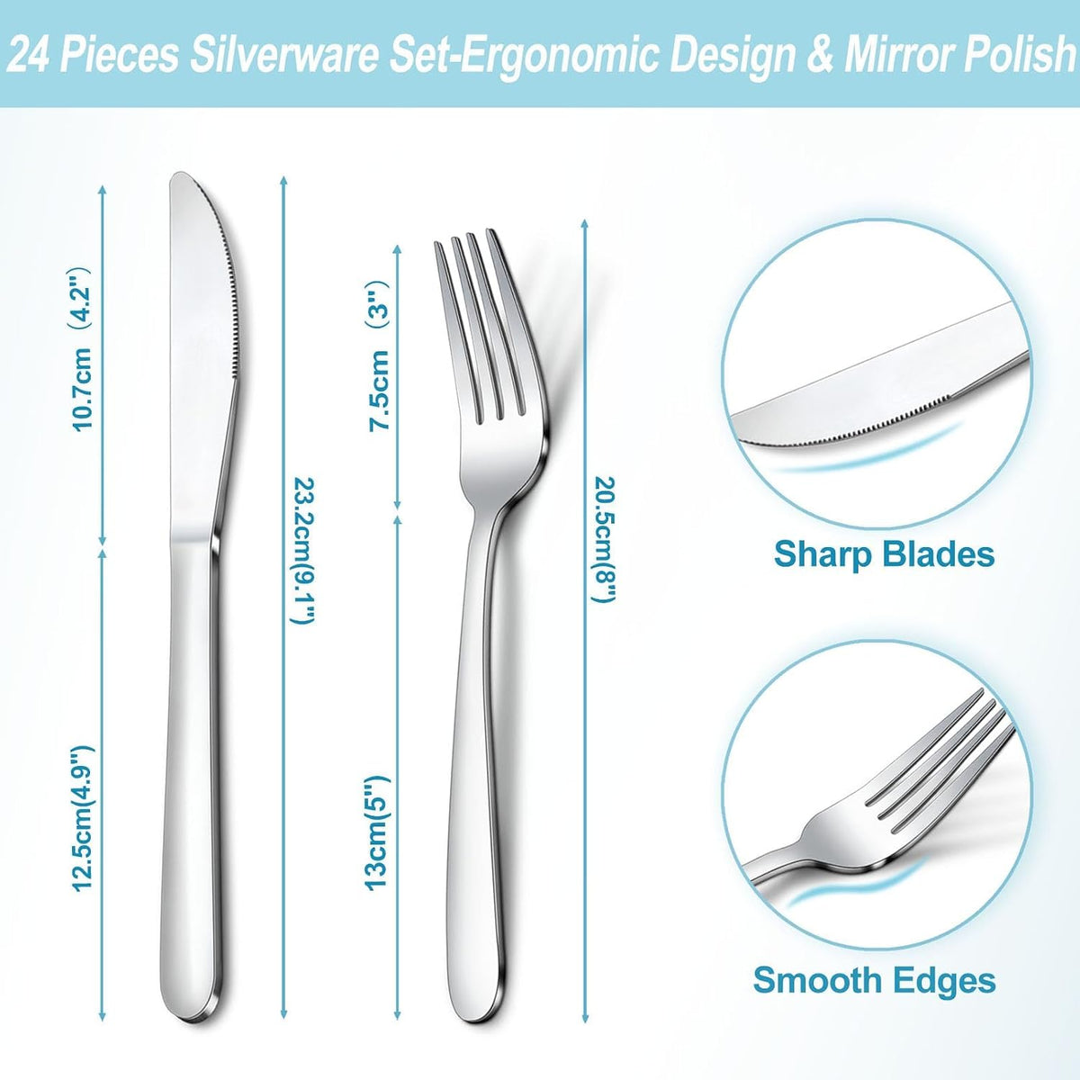 24-Piece Forks and Knives Set for 12, Food-Grade Stainless Steel Silverware Set with 12 Dinner Knives & 12 Forks, Mirror Polished Fork Silverware, Butter Knife and Metal Fork, Dishwasher Safe