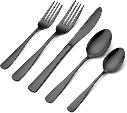 BEWOS 20 Piece silverware set - Service for 4, Black Stainless Steel Silverware Set with Mirror Polishing, Including Knives, Forks and Spoons, Dishwasher Safe, Flatware Set Suitable for Home Kitchens