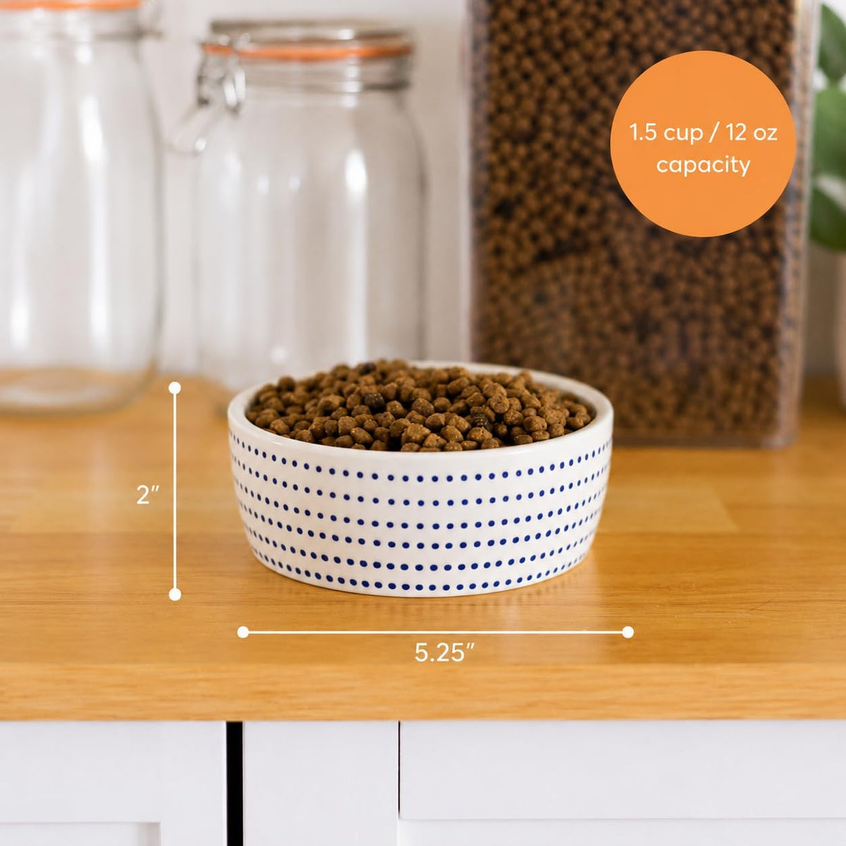 Pearhead Ceramic Cat Bowl, Holds 12 oz, Blue Dots | Whisker-Friendly Pet Dish for Food and Water, Ceramic Pet Bowl, Dog or Cat Feeding, Modern Pet Home Decor, Pet Parent Gift