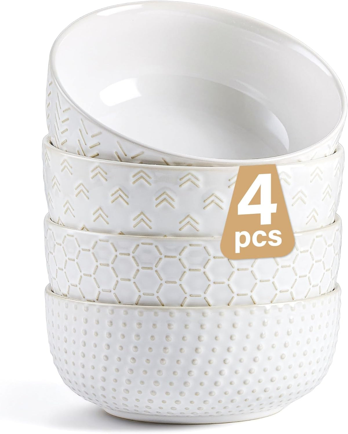 Lareina Cereal bowls 26 oz, Ceramic Soup Bowl for Kitchen, Embossed Boho Bowl for Cereal, Salad, Pasta, Soup, Dessert, Serving, Dishwasher & Microwave Safe, Set of 4, Ivory White