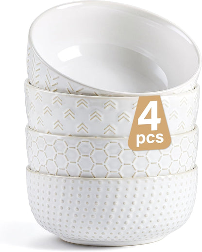 Lareina Cereal bowls 26 oz, Ceramic Soup Bowl for Kitchen, Embossed Boho Bowl for Cereal, Salad, Pasta, Soup, Dessert, Serving, Dishwasher & Microwave Safe, Set of 4, Ivory White
