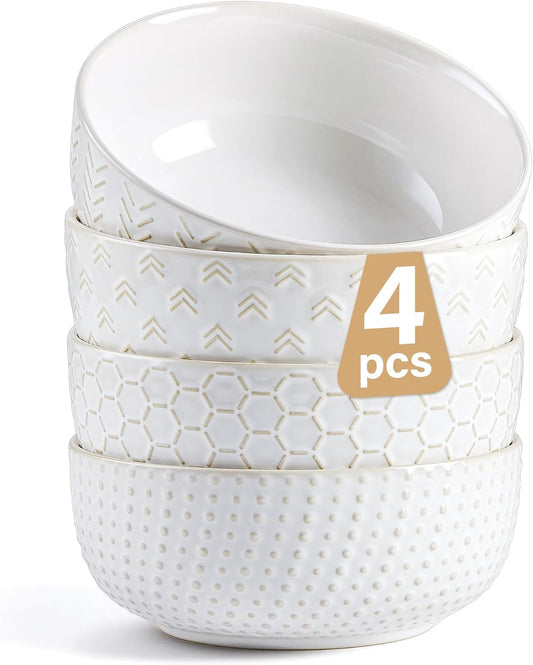 Lareina Cereal bowls 26 oz, Ceramic Soup Bowl for Kitchen, Embossed Boho Bowl for Cereal, Salad, Pasta, Soup, Dessert, Serving, Dishwasher & Microwave Safe, Set of 4, Ivory White