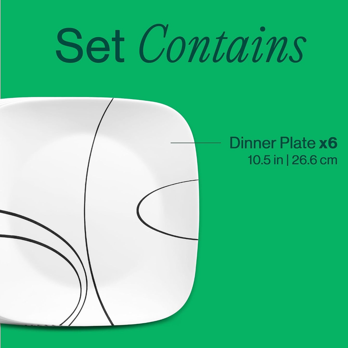 Corelle Square Simple Lines Dinner Plate Set, 6 Pack
