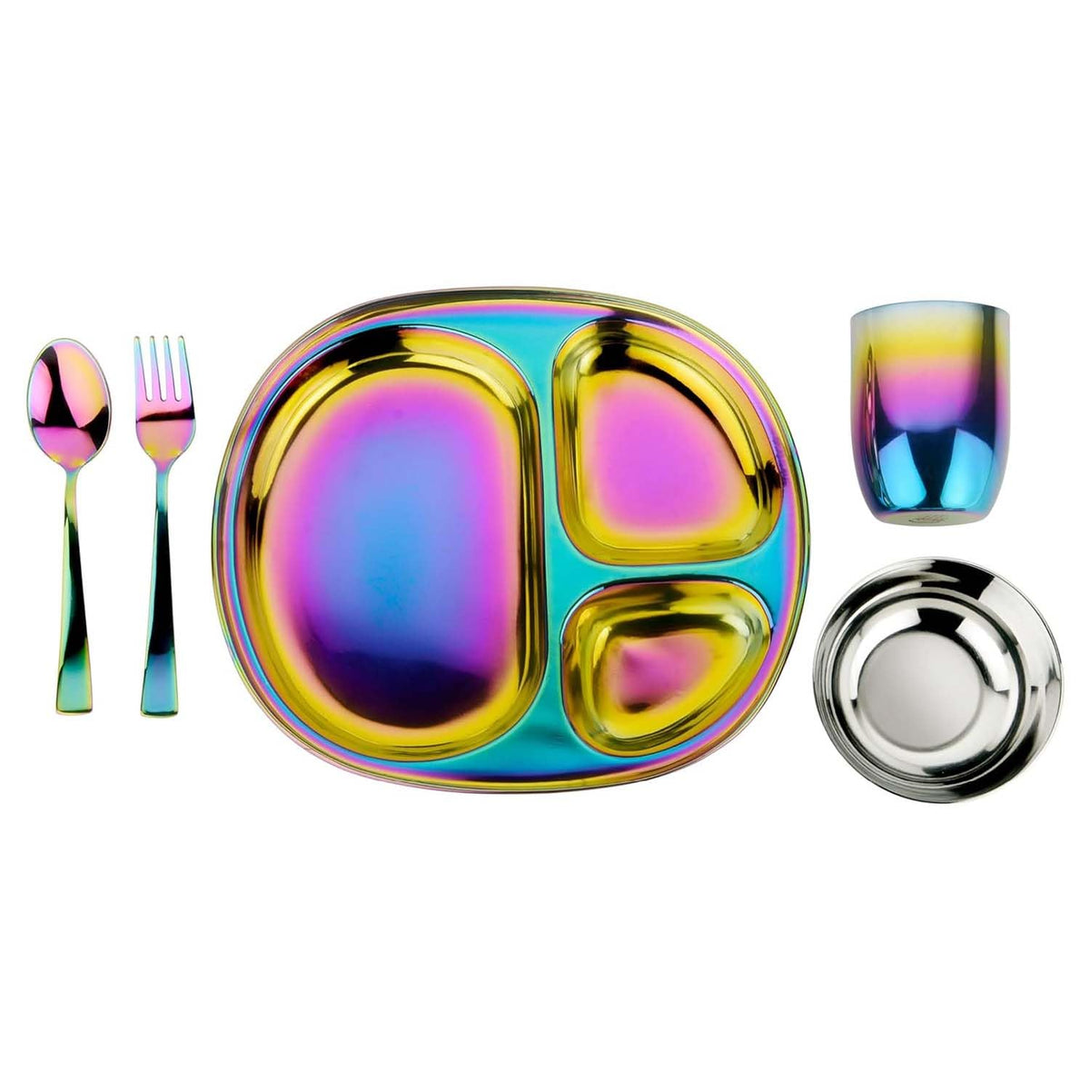 Ahimsa Stainless Steel Kids Dinnerware Set, Classic Stainless, 5-Piece Set | Includes Divided Plate, Cup, Bowl, Fork & Spoon, Pediatrician Designed Toddler Plates, Non-Toxic & BPA Free, Dishwasher Safe
