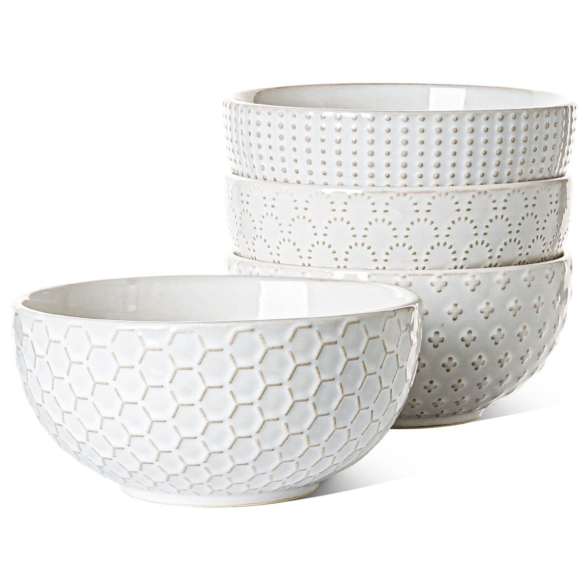 LE TAUCI Cereal bowls 26 oz, Ceramic Soup Bowl for Kitchen, Embossment Stoneware Bowl for Pho, Chip, Fruits, Salad, Noodle, Ramen, Suit For Housewarming - 6 Inch, Set of 4, Arctic white