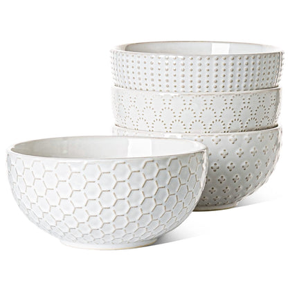 LE TAUCI Cereal bowls 26 oz, Ceramic Soup Bowl for Kitchen, Embossment Stoneware Bowl for Pho, Chip, Fruits, Salad, Noodle, Ramen, Suit For Housewarming - 6 Inch, Set of 4, Arctic white