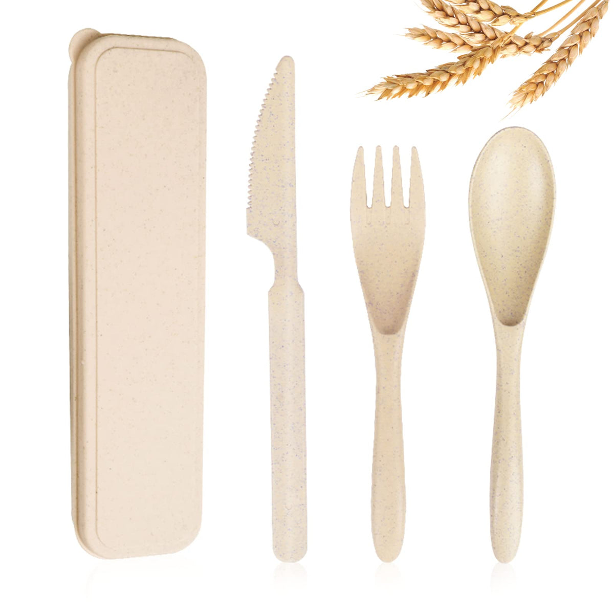 Reusable Travel Utensils Set with Case, 4 Sets Wheat Straw Portable Knife Fork Spoons Cutlery, Eco-Friendly BPA Free Plastic Tableware for Kids Adults Travel Picnic Camping Utensils