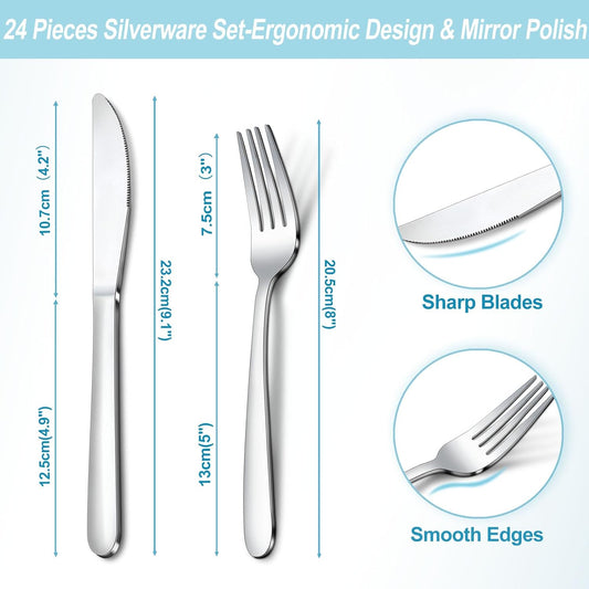 24 Pieces Forks and Knives Set, Food Grade Stainless Steel Silverware Set with 12 Knives & 12 Forks, Fork Silverware, Butter Knife, Metal Fork & Dinner Knife, Mirror Polished, Dishwasher Safe