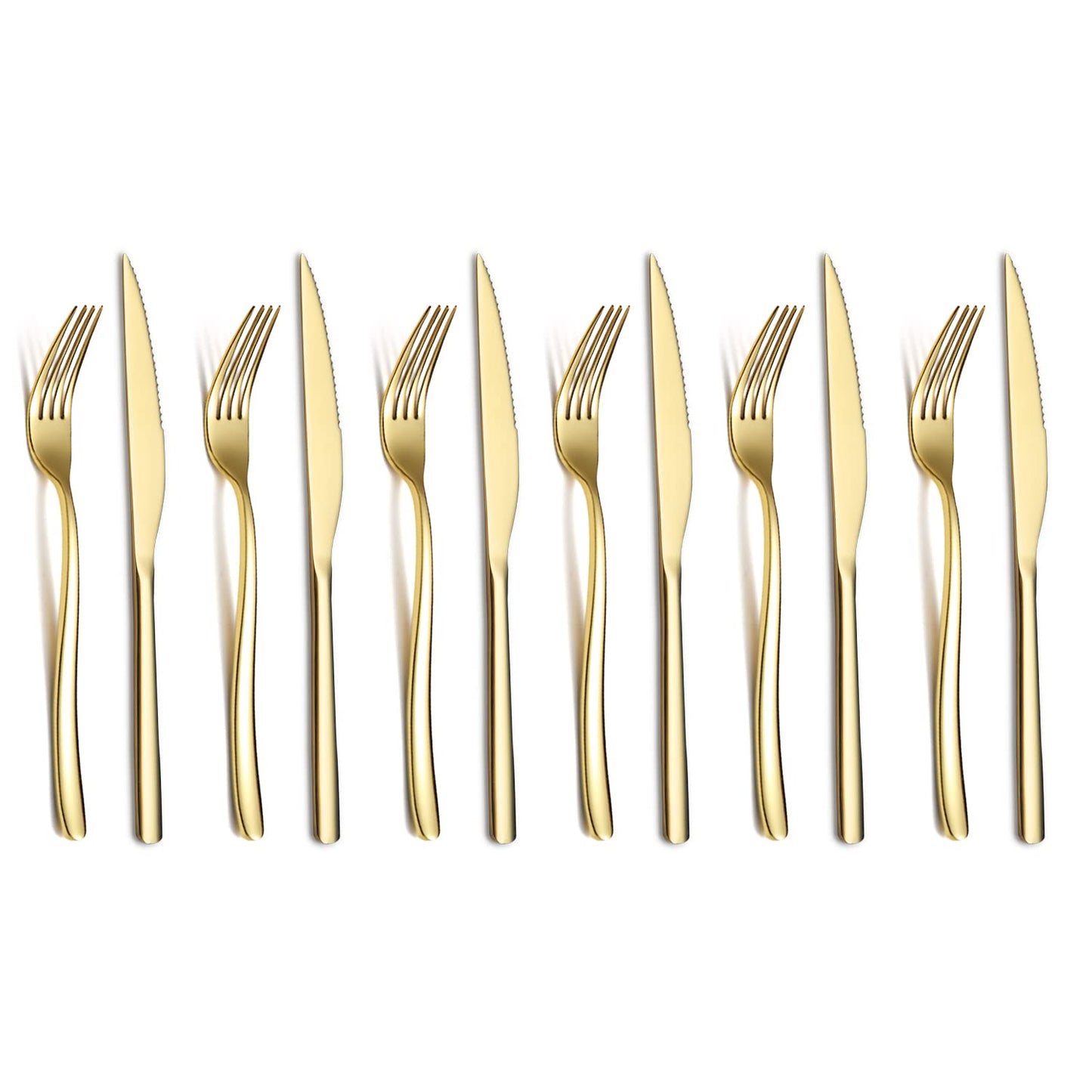 Steak Knives Set 12 Piece, Premium Stainless Steel 6 Dinner Forks and 6 Dinner Knives Set, Steak Knives Steak Forks for 6 Person, Mirror Polish, Dishwasher Safe (Shiny Silver)