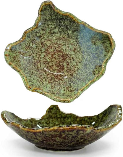 8" Small Ceramic Decorative Bowl 1 Pice – Irregular Rim Reactive Glaze Candy Bowl, Berry Bowl, Entryway Catchall, Japanese Style Fruit Dish for Tabletop or Home Decor (Green Reactive Glaze)