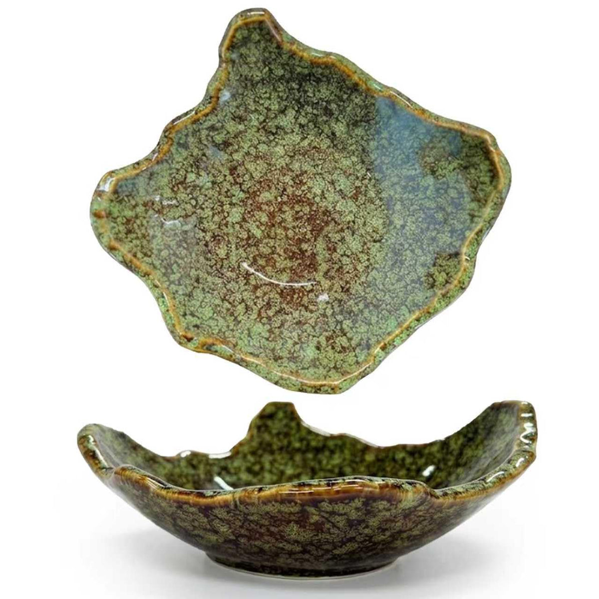8" Small Ceramic Decorative Bowl 1 Pice – Irregular Rim Reactive Glaze Candy Bowl, Berry Bowl, Entryway Catchall, Japanese Style Fruit Dish for Tabletop or Home Decor (Green Reactive Glaze)