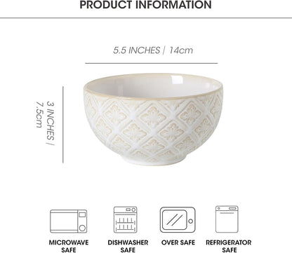 26 Oz Cereal Bowls Set of 4 - Ceramic Soup Bowl for Kitchen, Porcelain Embossed Serving Bowls for Salad, Pho, Breakfast, Ramen, Rice, 6 inch, Dishwasher Microwave Safe, Housewarming Decor