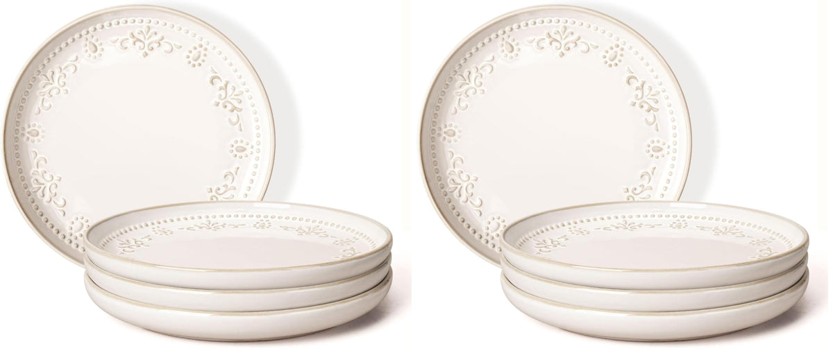 Large Ceramic Dinner Plates Set Of 4, 10.75 Inch Embossed Kitchen Salad Plates, Modern Serving Plates For Restaurant, Plates With Lipped Edges, Microwave Dishwasher Safe (Multiple Patterns)