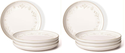 Large Ceramic Dinner Plates Set Of 4, 10.75 Inch Embossed Kitchen Salad Plates, Modern Serving Plates For Restaurant, Plates With Lipped Edges, Microwave Dishwasher Safe (Multiple Patterns)
