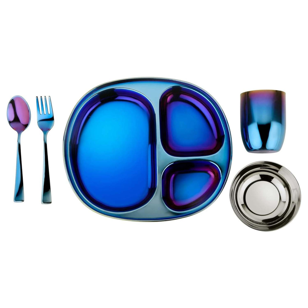 Ahimsa Stainless Steel Kids Dinnerware Set, Classic Stainless, 5-Piece Set | Includes Divided Plate, Cup, Bowl, Fork & Spoon, Pediatrician Designed Toddler Plates, Non-Toxic & BPA Free, Dishwasher Safe
