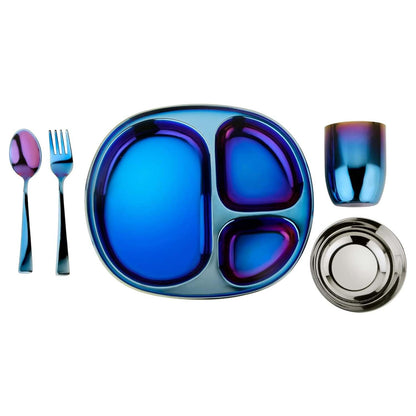 Ahimsa Stainless Steel Kids Dinnerware Set, Classic Stainless, 5-Piece Set | Includes Divided Plate, Cup, Bowl, Fork & Spoon, Pediatrician Designed Toddler Plates, Non-Toxic & BPA Free, Dishwasher Safe