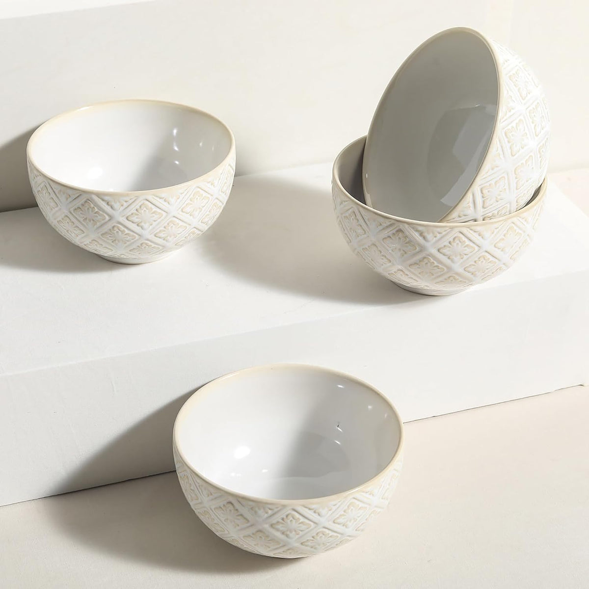 26 Oz Cereal Bowls Set of 4 - Ceramic Soup Bowl for Kitchen, Porcelain Embossed Serving Bowls for Salad, Pho, Breakfast, Ramen, Rice, 6 inch, Dishwasher Microwave Safe, Housewarming Decor