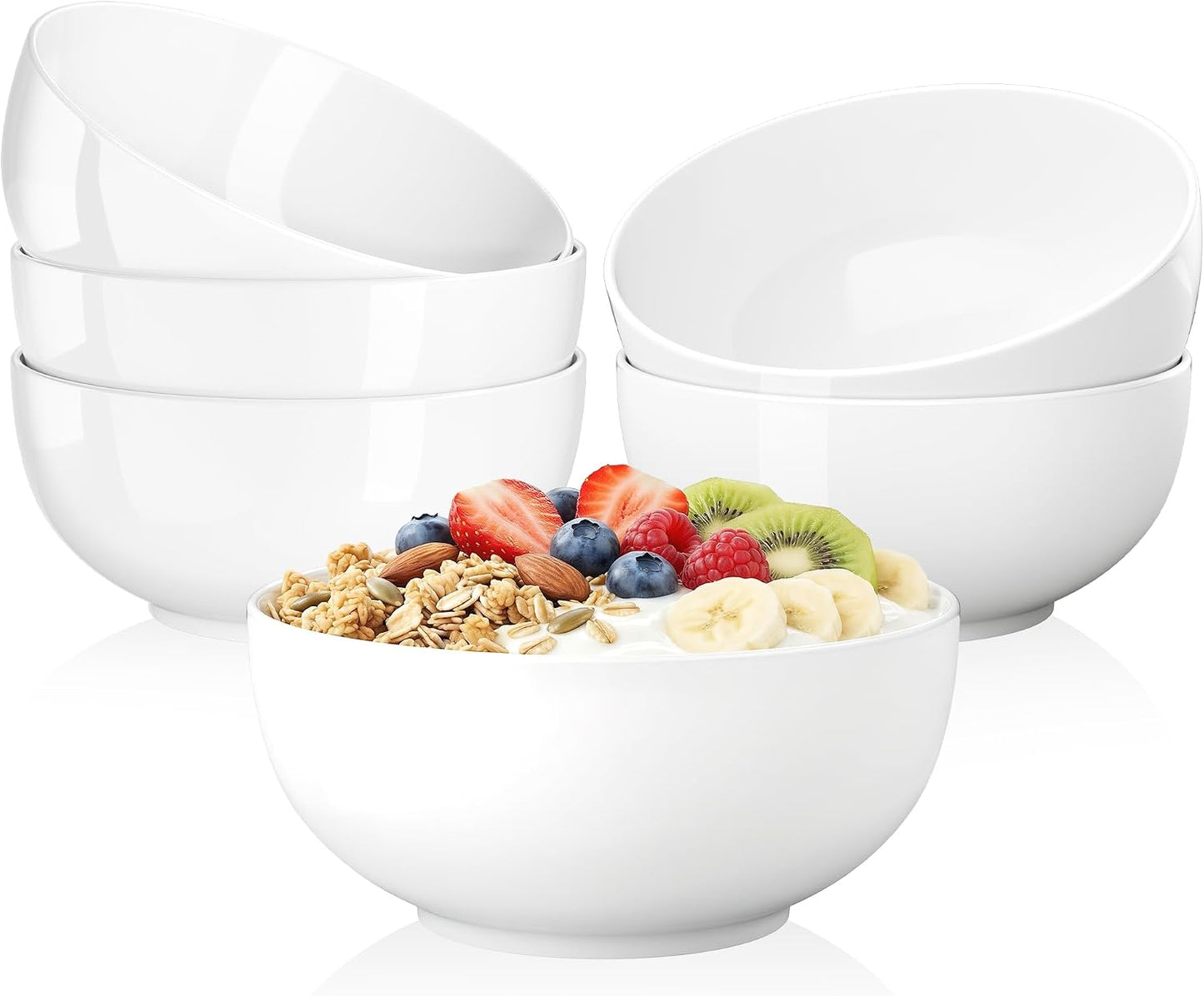 Quatish 6-Piece Cereal Bowls,24 OZ Soup Bowl，Durable Ceramic Bowls，White | Easy to Clean,Microwave & Dishwasher Safe,Ramen,Salad,Rice,Snacks,Desserts,Fruit,Kitchen,Rice,Ice Cream,Noodle,Porcelain