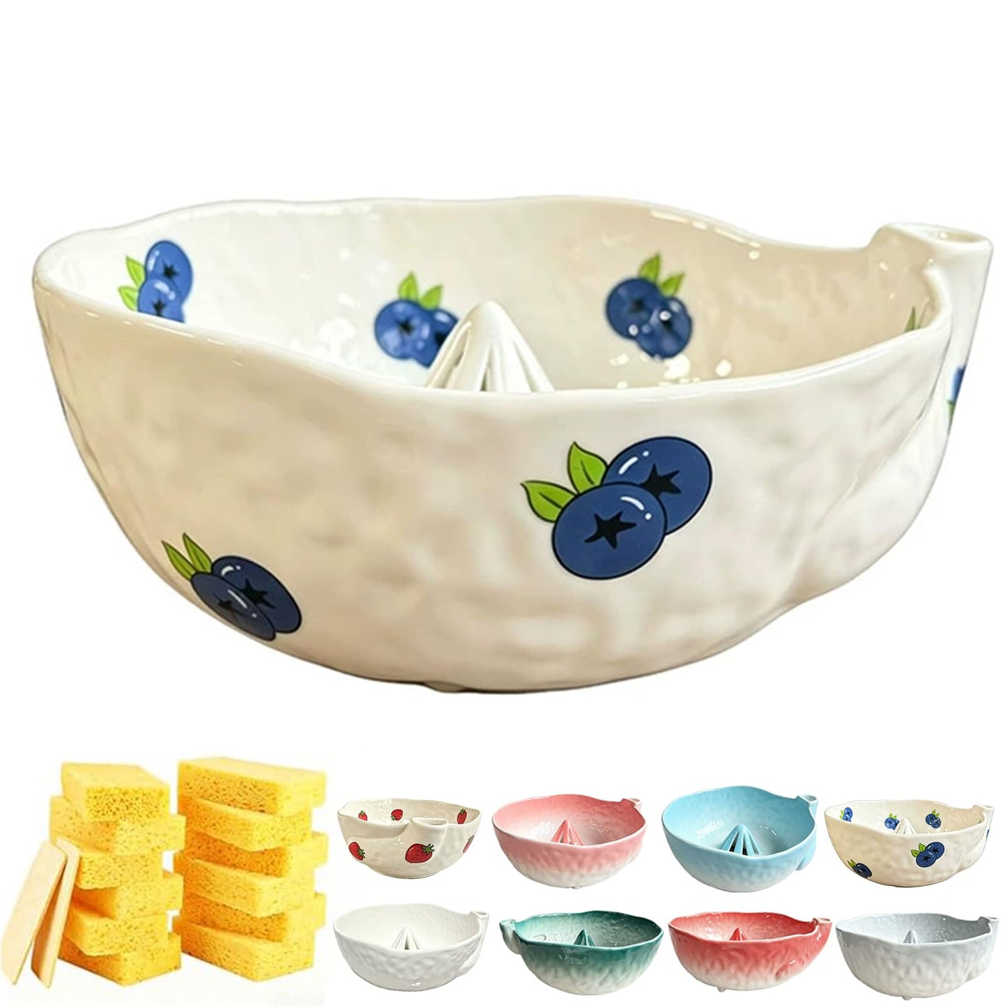 Self Spinning Ceramic Berry Washing Bowl with Drain Holes, 7'' Kitchen Fruit Washer Spinner Bowl with 10pcs Sponges，Blue