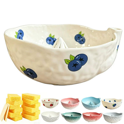 Self Spinning Ceramic Berry Washing Bowl with Drain Holes, 7'' Kitchen Fruit Washer Spinner Bowl with 10pcs Sponges，Blue