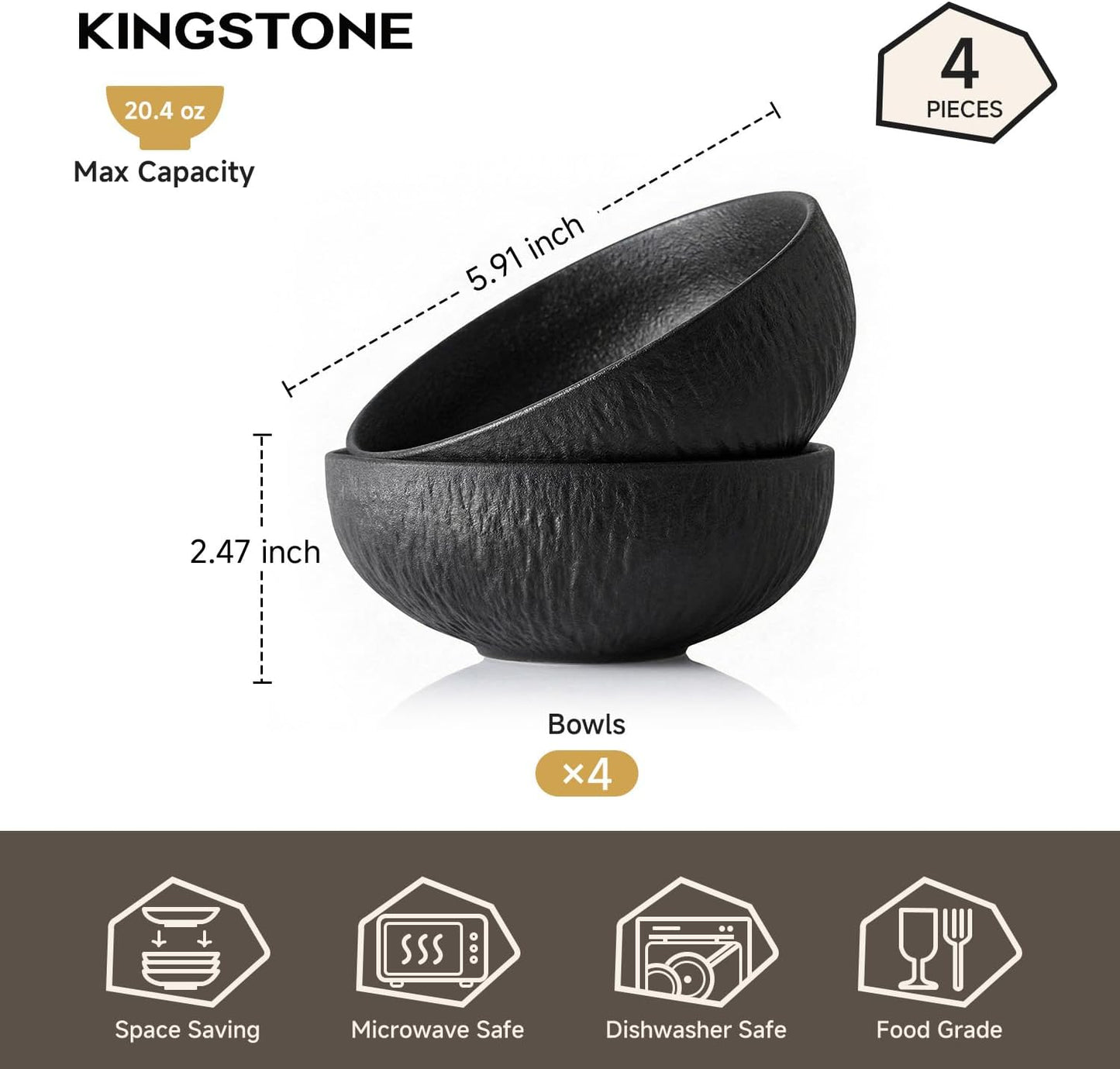 Bowl Set of 4, 20.4 oz Matte Marble Pattern Stoneware Soup Bowls | Black Premium Porcelain Cereal Bowls, Ceramic Dinner Bowls for Salad, Dessert, Pasta, Microwave and Dishwasher Safe