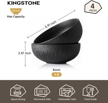Bowl Set of 4, 20.4 oz Matte Marble Pattern Stoneware Soup Bowls | Black Premium Porcelain Cereal Bowls, Ceramic Dinner Bowls for Salad, Dessert, Pasta, Microwave and Dishwasher Safe