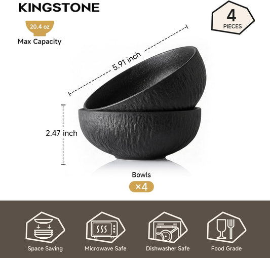 Bowl Set of 4, 20.4 oz Matte Marble Pattern Stoneware Soup Bowls | Black Premium Porcelain Cereal Bowls, Ceramic Dinner Bowls for Salad, Dessert, Pasta, Microwave and Dishwasher Safe