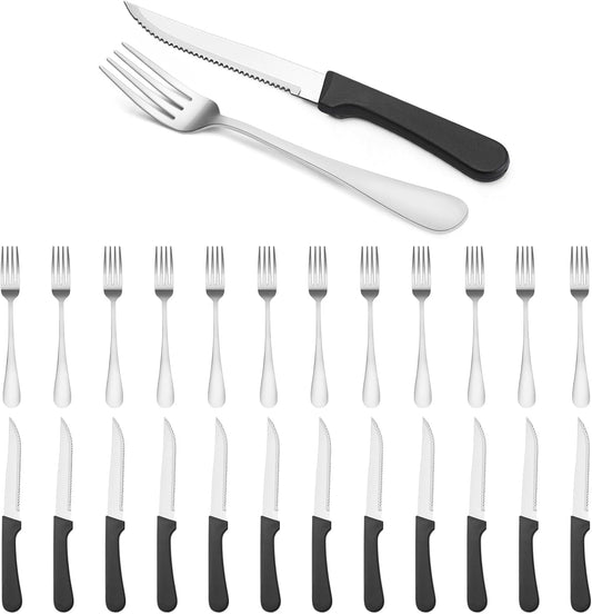 24-Piece Steak Knife and Dinner Forks Set, Stainless Steel Flatware Set, Sharp Steak Knife Set, Rust Resistant & Easy to Maintain, Mirror Finish, Dishwasher Safe