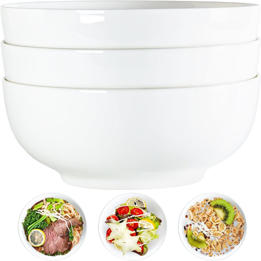 60 oz Large Soup, Ramen, Pho, Noodle, and Salad Bowl Set of 3, 8 in White Ceramic Bowls, Versatile & Microwave Safe