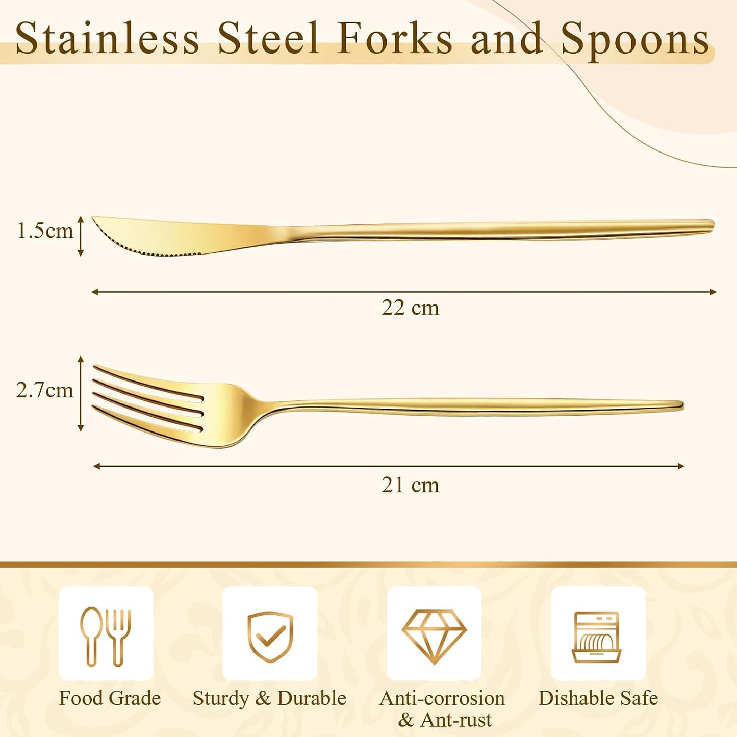 100 Pcs Gold Forks and Knives Cutlery Set Stainless Steel Steak Knives Forks Flatware Royal Silverware Set for Wedding Party Restaurant Dishwasher Safe