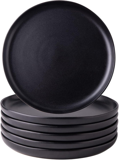 AmorArc Ceramic Dinner Plates Set of 6, 10.25 Inch Stoneware Dishes Set | Wavy Rim Shape Dinnerware Plates for Kitchen, Microwave & Dishwasher Safe, Scratch Resistant-Matte Black