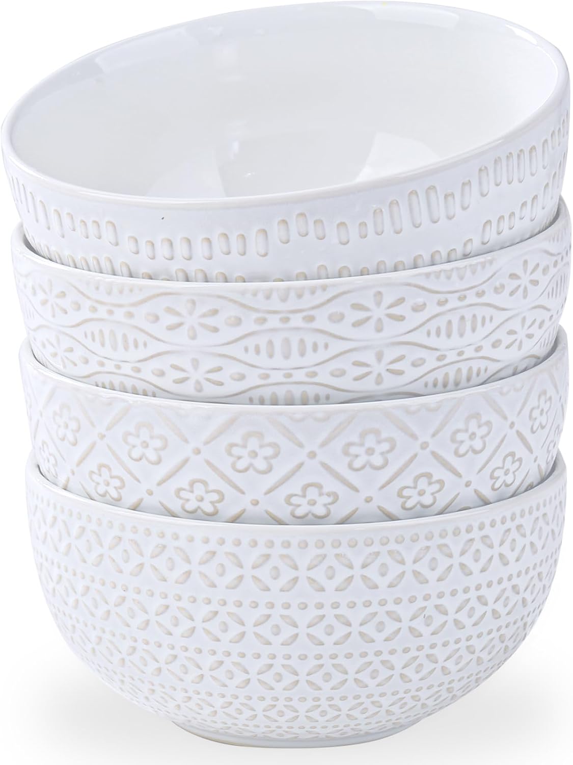 40 OZ Large Cereal Bowls Set of 4, Farmhouse Embossment Ceramic Salad Bowls for Soup, Serving, Fruit, Snack, Noodle, Ramen, Pho, Microwave & Dishwasher Safe, 6.7 Inch White