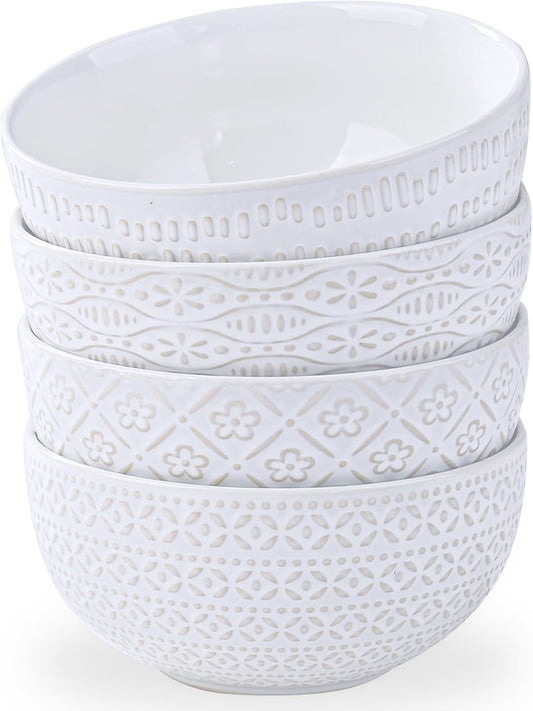 40 OZ Large Cereal Bowls Set of 4, Farmhouse Embossment Ceramic Salad Bowls for Soup, Serving, Fruit, Snack, Noodle, Ramen, Pho, Microwave & Dishwasher Safe, 6.7 Inch White