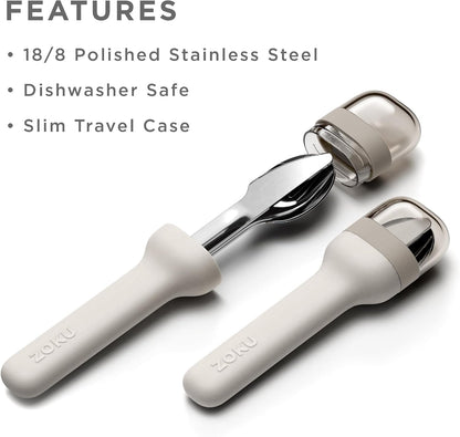 Zoku Pocket Utensil Set Stainless Steel Fork, Knife, and Spoon in Case Grey