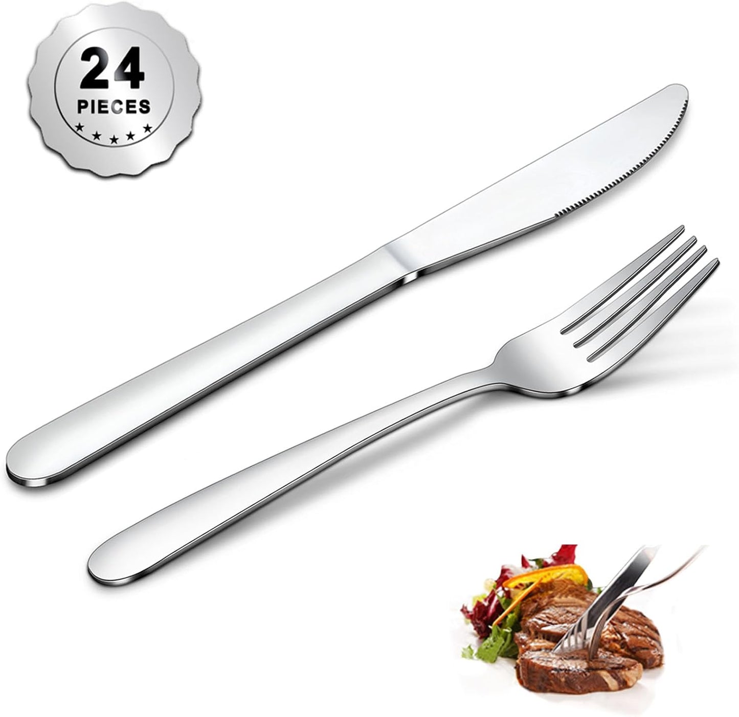 24 Pieces Forks and Knives Set, Food Grade Stainless Steel Silverware Set with 12 Knives & 12 Forks, Fork Silverware, Butter Knife, Metal Fork & Dinner Knife, Mirror Polished, Dishwasher Safe