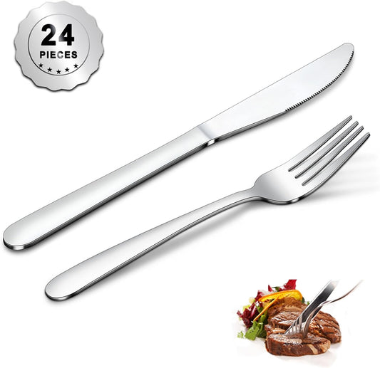 24 Pieces Forks and Knives Set, Food Grade Stainless Steel Silverware Set with 12 Knives & 12 Forks, Fork Silverware, Butter Knife, Metal Fork & Dinner Knife, Mirror Polished, Dishwasher Safe