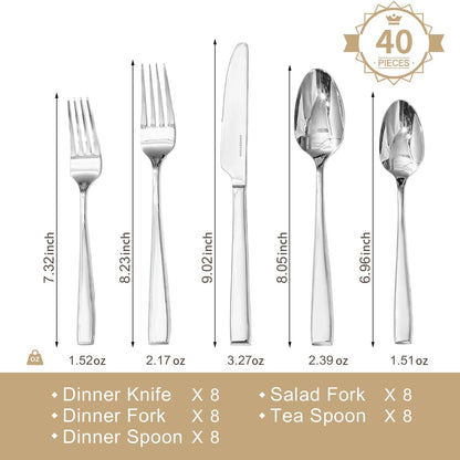 Mirror Polish Silverware Set for 8, 40-Piece 18/10 Stainless Steel Flatware Set, Dishwasher Safe Cutlery Set for Wedding, Home, Restaurant, Knives Spoons and Forks Set