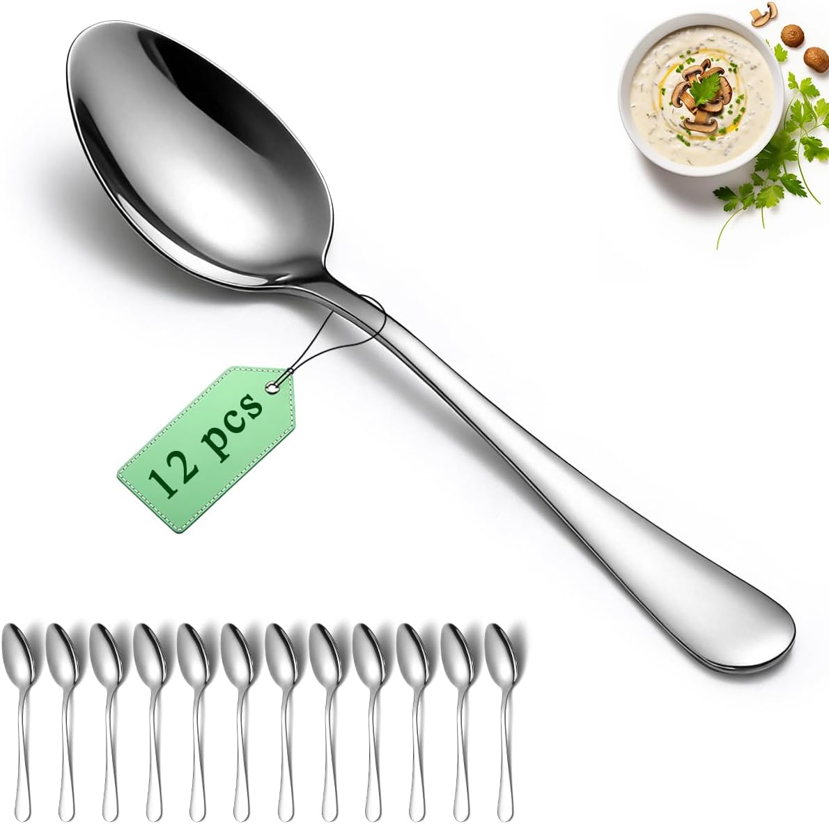 Dinner Spoons Set 12pcs, 7.36" Soup Spoon Berglander Food Grade Stainless Steel Silverware Spoons, Metal Tablespoon for Home, Kitchen or Restaurant Mirror Polished, Dishwasher Safe
