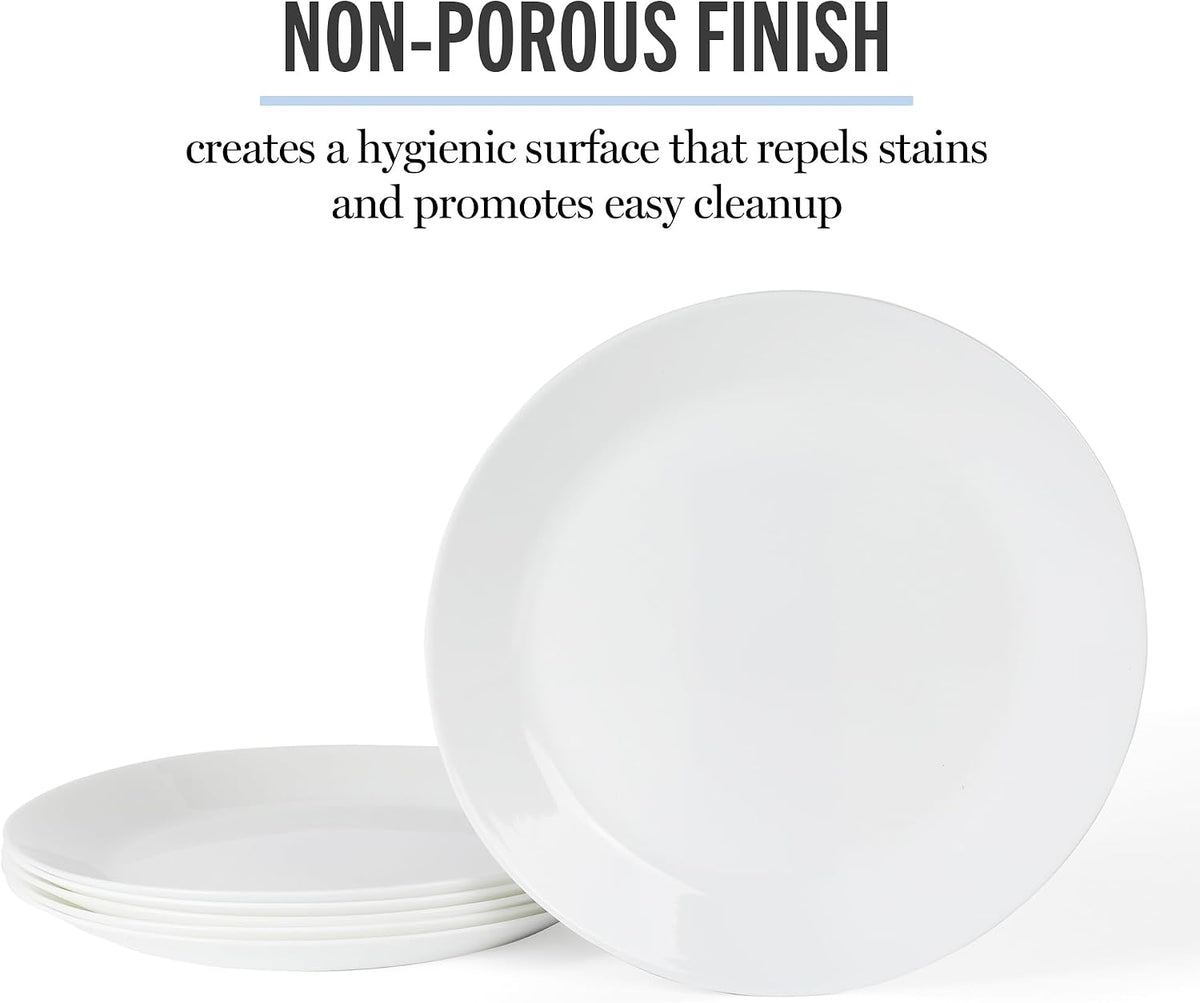 Martha Stewart Opalton Dinner Plates 6-Piece 10-Inch Plate Set – Chip and Break Resistant Opal Glass Plates - White